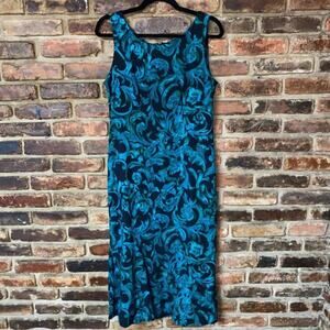 R&K Originals Black Teal Blue Floral Midi A-Line Sleeveless Dress Women's Size 8